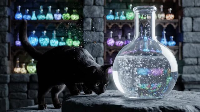 A black cat in a mystical potion lab with glass bottles filled with glowing liquids
