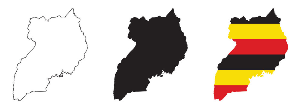 Uganda map vector set with editable country outline black silhouette and national flag design featuring black yellow red stripes and crowned crane emblem for geography and education projects
