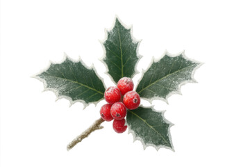 Holly branch with red berries and frosted green leaves, symbolizing winter, christmas, and festive holiday season traditions