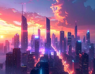 A towering cityscape bathed in the warm glow of a vibrant sunset