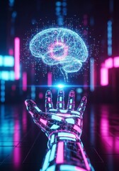 AI brain hologram  floating above digital hand Bright neon lights illuminate in action, with electric energy in the dark  space