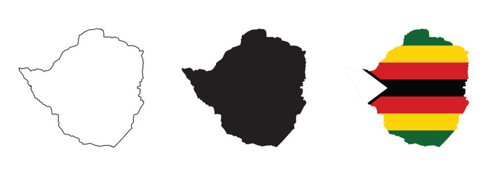 Zimbabwe map vector set with editable country outline black silhouette and national flag featuring green yellow red black stripes with white triangle and bird emblem for education and geography use