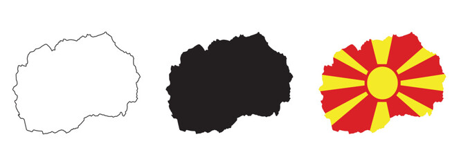 North Macedonia map vector set with editable country outline black silhouette and national flag design featuring red background with yellow sun rays for geography, education, and cultural projects