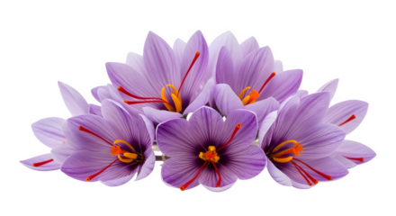 A cluster of delicate purple saffron crocus flowers isolated on transparent background