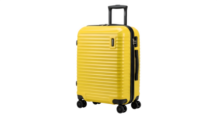 A bright yellow hardside suitcase with wheels isolated on transparent background