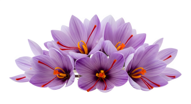 A cluster of delicate purple saffron crocus flowers isolated on transparent background