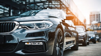 Sleek black sedan, low angle, parked in a row, building backdrop, bright sunlight
