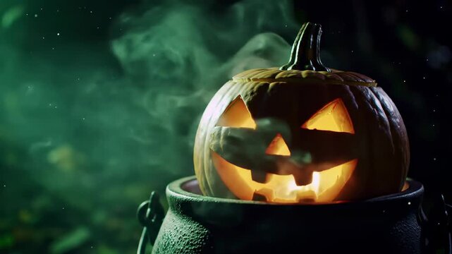 A carved pumpkin with an illuminated face sits atop a cauldron