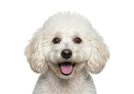 Adorable white poodle puppy dog smiling portrait, cute pet canine breed, happy animal face, fluffy fur, isolated on transparent background