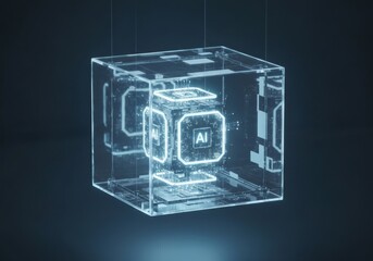 Digital blue concept blueprint of a Transparent holographic cube containing AI core on a black background