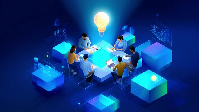 A Dynamic Team Collaboration Scene with Illuminated Light Bulb Overhead, Representing Innovative Ideas and Creative Teamwork in a Digital Workspace Environment