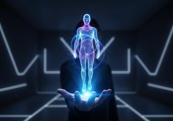 AI holographic assistant floating above hand in dark futuristic room