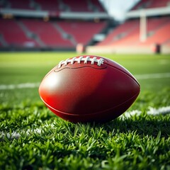 Obraz premium Gleaming pigskin on a green turf field, ready for action, American football, arena
