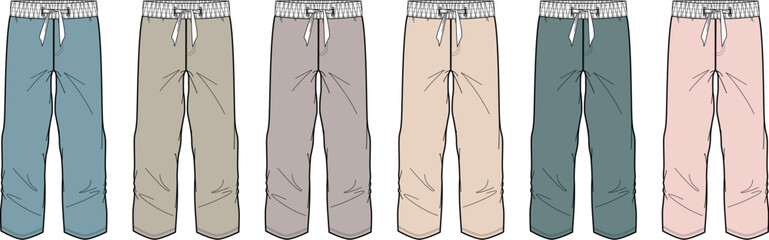Collection of casual drawstring pants in various muted colors, perfect for everyday wear and comfort
