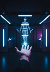X-ray image of a human body silhouette with an overlying chart representing business success concept in blue light
