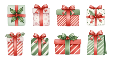 Collection of eight christmas gift boxes with ribbons and bows, isolated on transparent background