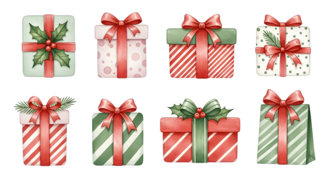 Collection of eight christmas gift boxes with ribbons and bows, isolated on transparent background