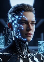 Futuristic cybernetic human with, styled black hair, and glamourous lips in a studio portrait