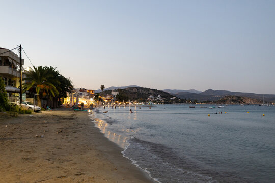 Seascape of Tolo Beach in Greece at dusk