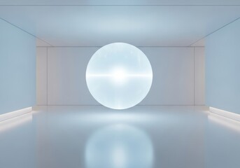 Empty white gallery interior with empty glass showcase and blue windows, a blank 3d render for architecture and design space