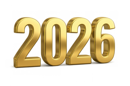 2026 year text. Celebrating new year, future prosperity, and success with polished golden 3d numbers on transparent background - Powered by Adobe