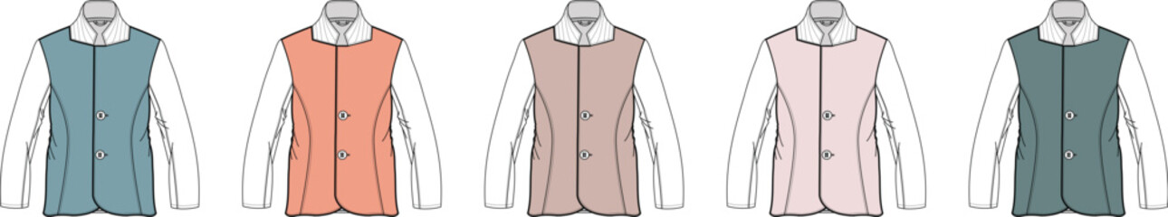 Set of women's sleeveless vest technical flat sketches in multiple colorways. Fashion design illustration of a zip-up gilet template for apparel mockups