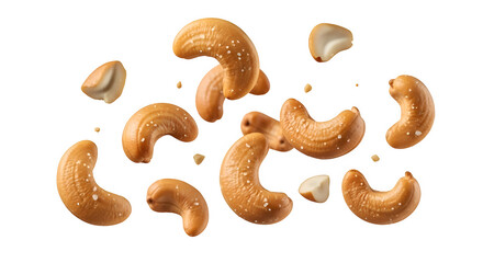 Salted cashews flying in the air isolated on transparent background
