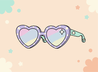Playful vector illustration of cute purple heart-shaped sunglasses with polka dots and pastel reflective lenses on a dreamy background