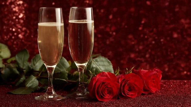 Two champagne flutes gleam beside red roses on glittering ruby backdrop, festive romance. warm glow