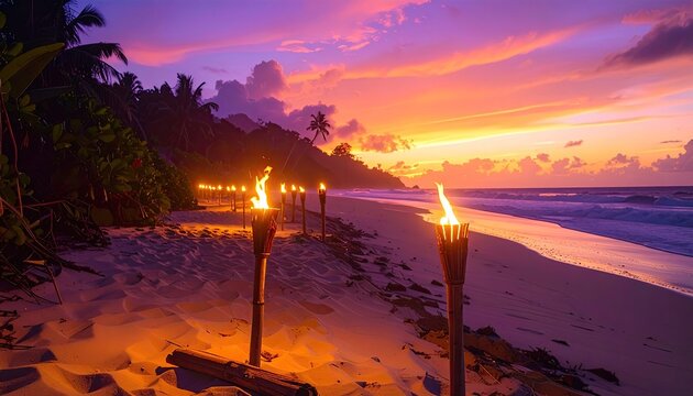 Tropical beach sunset with tiki torches illuminating the sand and ocean waves under a vibrant orange and purple sky - Powered by Adobe