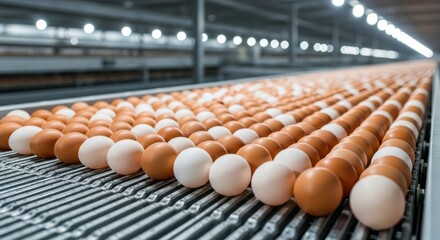 Rows of eggs on a conveyor belt in a factory with overhead lights and industrial machinery visible