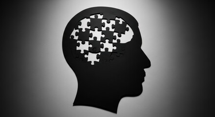 Silhouette of a head with puzzle pieces inside representing the concept of a complex mind