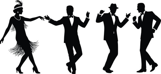 Vintage dance silhouettes, 1920s flapper style, jazz age dancers, retro fashion, swing poses, black icons, elegant movement, roaring twenties vibe