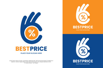Best Price logo template. A hand 'OK' gesture combined with a percentage symbol. Ideal for sales, discounts, retail promotions, quality guarantees, and finance apps.