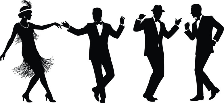 Vintage dance silhouettes, 1920s flapper style, jazz age dancers, retro fashion, swing poses, black icons, elegant movement, roaring twenties vibe