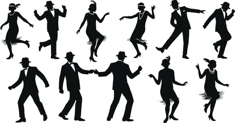 Roaring twenties dancers, flapper silhouettes, vintage fashion, jazz age, Charleston dance, retro party, black icons, swing style, elegant poses, classic vibe