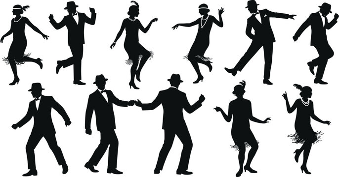 Roaring twenties dancers, flapper silhouettes, vintage fashion, jazz age, Charleston dance, retro party, black icons, swing style, elegant poses, classic vibe