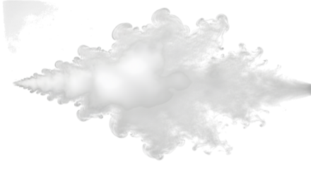 Wispy white smoke plume expanding outwards against a dark background isolated on transparent background