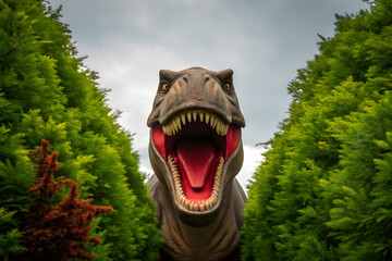 Terrifying T- Rex Head Peeking Through Green Foliage