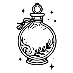 mystic love potion jar outline with leaves and sparkles
