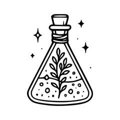 magic elixir science lab bottle outline with botanical details