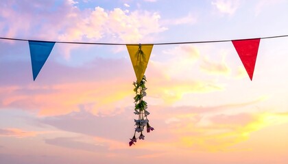 Colorful pennant banners strung against a pastel sunset sky backdrop