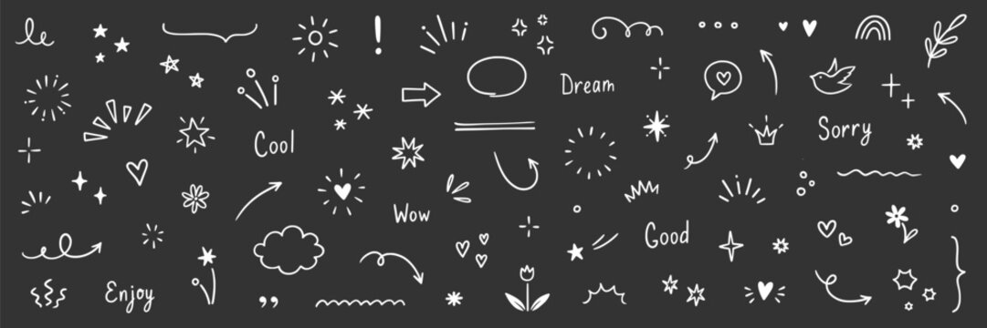 Line arrow, star, heart cute icon elements. Hand drawn sketch heart, arrow, star, flower decoration symbols. Simple sketch line style emphasizes abstract elements on chalkboard. Vector illustration