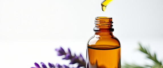 Minimalist composition with lavender extract in amber glass bottle. Modern lab-inspired setup highlighting natural skincare, purity, and botanical essence in elegant reflective lighting.