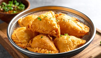 Golden Fried Pastries in a Strainer with Sauce