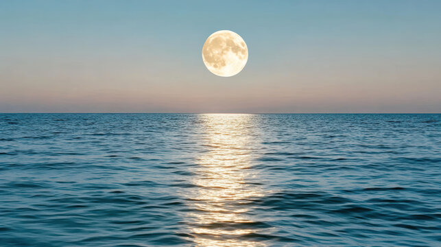 Serene moon rising above tranquil ocean horizon creates cinematic atmosphere