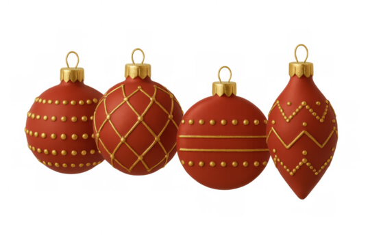 Red and gold christmas ornaments hanging, creating a festive holiday decoration theme, traditional seasonal celebration