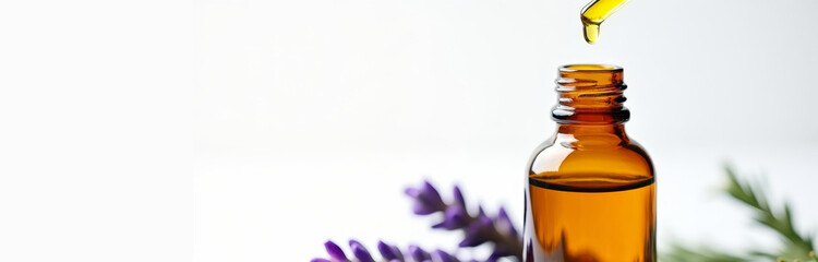 Lavender-based skincare oil presented in amber glass bottle. Modern apothecary theme with fresh green tones, reflecting balance between nature, science, and self-care.