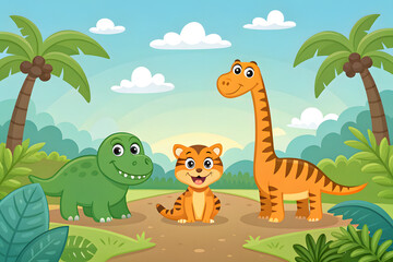 Three Cartoon Dinosaurs and Tiger in a Lush Landscape