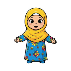 Cute cartoon girl wearing a yellow hijab and blue dress isolated on transparent background